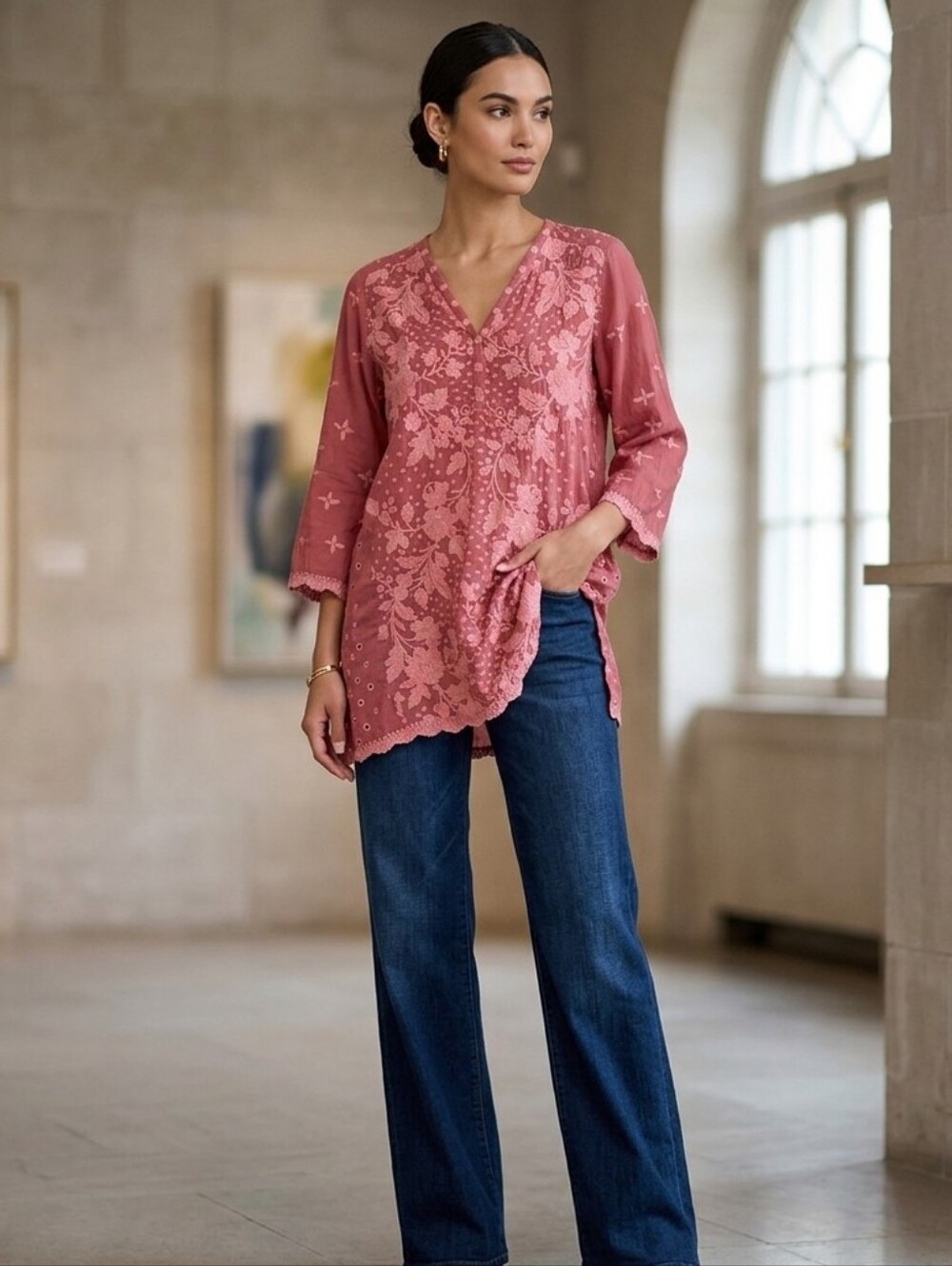 NWT Johnny Was Melby Trisha Blouse Tunic Dusty Cedar Floral Embroidered Medium